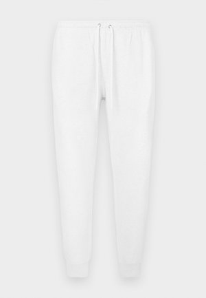 Calças de treino brancas feitas de tecido macio, com cós elástico e cordão de ajuste, e punhos ajustados nos tornozelos. Sem padrões visíveis.