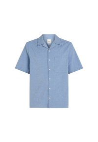 Camicia a maniche corte con bottoni in tessuto chambray blu chiaro, caratterizzata da un colletto a punte, una tasca sul petto e una vestibilità rilassata.