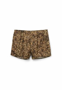Bruine shorts met een luipaardprint, voorzien van een elastische tailleband en een losse pasvorm. Gekenmerkt door een zachte stofstructuur en een opvallend dierenpatroon dat door het geheel loopt.
