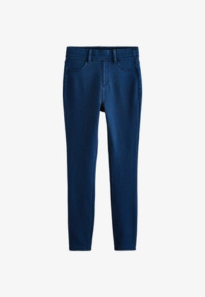 Jeans skinny en denim bleu foncé, avec un design classique à cinq poches, des passants de ceinture et des détails de couture subtils.