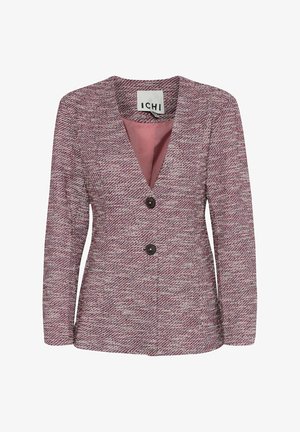 Blazer intrecciato con un motivo testurizzato rosa e bianco, caratterizzato da una scollatura a V, due bottoni e maniche lunghe. Interno foderato di colore rosa.