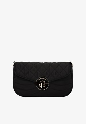 Black quilted handbag featuring a rounded flap, gold-toned hardware with a circular clasp, and subtle wavy stitching patterns.