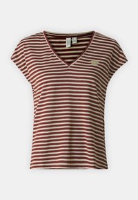 Pasiasty t-shirt z krótkim rękawem, w kształcie litery V, z poziomymi paskami w kolorze czerwonym i kremowym, wykonany z bawełny, z małym haftowanym detalem.