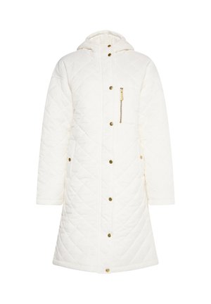Hvid quiltet lang frakke med hætte, der har en lynlåslomme på brystet og tryklåse. Glat overflade med gyldne detaljer.