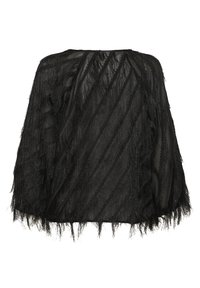 Bluza neagră transparentă cu detalii texturate cu franjuri, având o siluetă lejeră și dungi diagonale pe material pentru un plus de dimensiune.