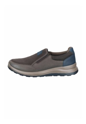 Brown slip-on casual shoe with mesh upper, cushioned beige sole, and dark blue heel patch, shown from the outer side.
