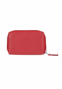 Portefeuille zippé en cuir rouge avec une texture lisse et un design minimaliste. Il dispose d'une fermeture éclair en argent et d'une petite languette de tirage attachée.