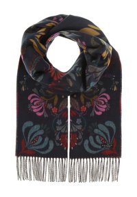 Écharpe sombre avec des motifs floraux vibrants en rose, rouge, bleu et jaune, présentant des extrémités à franges et une petite étiquette noire sur un côté.