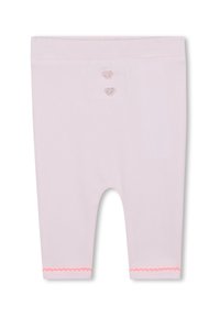 Leggings roses avec une taille côtelée, ornés de deux boutons en forme de cœur et d'une finition en dentelle rose à l'ourlet. Fabriqués en tissu doux.