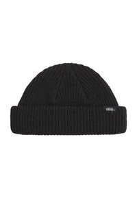 Berretto lavorato a maglia nero con bordo a coste, caratterizzato da un motivo testurizzato e una piccola etichetta bianca del marchio Vans sul lato.