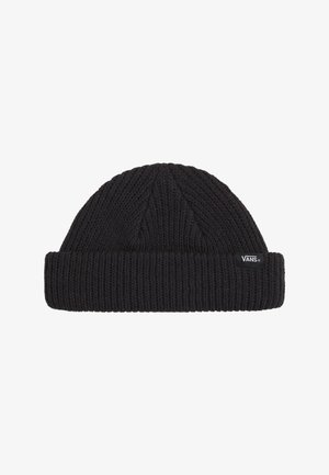 Black knitted beanie with a ribbed cuff, featuring a textured pattern and a small white Vans logo tag on the side.
