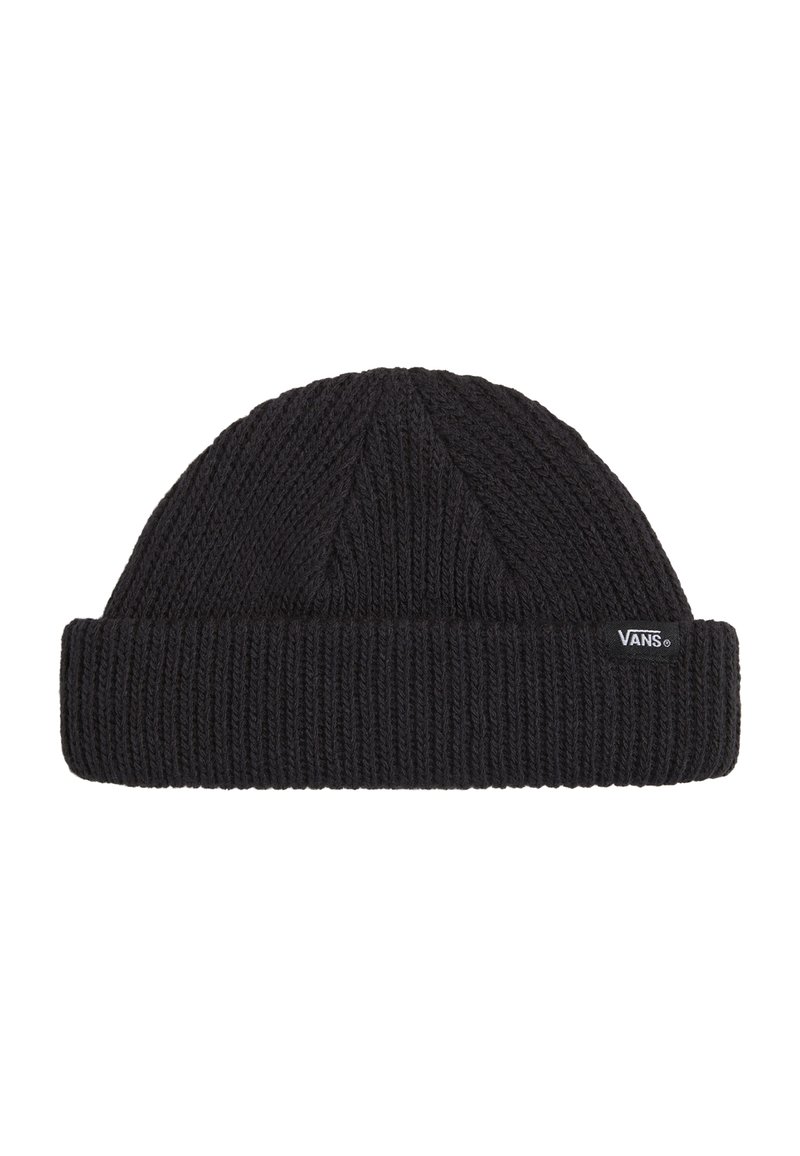 Berretto lavorato a maglia nero con bordo a coste, caratterizzato da un motivo testurizzato e una piccola etichetta bianca del marchio Vans sul lato.