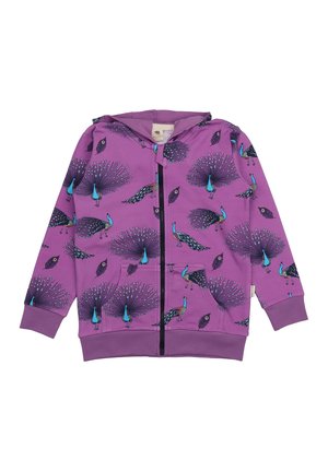 Purple zip-up hoodie featuring a peacock and feather print with vibrant colors. Made from soft fabric with a hood and two front pockets.