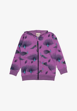 Lila Zip-Up Hoodie mit Pfau- und Federdesign in lebendigen Farben. Hergestellt aus weichem Stoff mit Kapuze und zwei Fronttaschen.