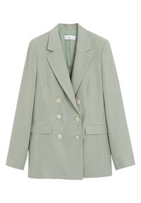 Dvouvrstvý blejzr světle zelené barvy. Vyroben z hladké látky, má klopový límec, dvě přední kapsy a světle zbarvené knoflíky.