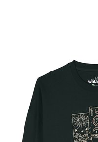 Zwarte katoenen sweatshirt met een ronde halslijn, voorzien van gouden lijntekeningen van tarotkaarten: "De Zon" en een halve maan.