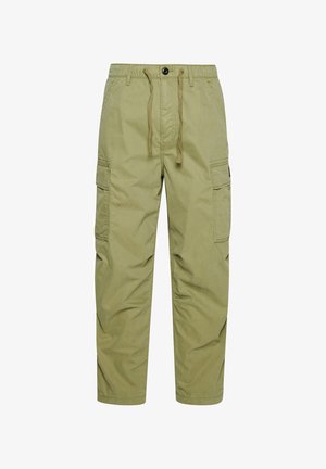Khaki cargobroeken gemaakt van een katoenmix, met een tailleband met trekkoord, twee zijzakken en twee dijzakken met kleppen.
