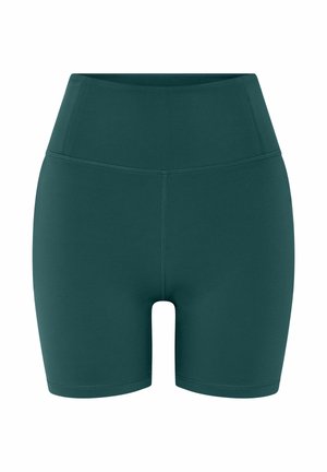 Sötétzöld, magasított derekú sportnadrág lapos varrásokkal, sima, rugalmas anyagból készült, kifejezetten aktív viselethez.