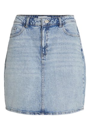 Lyseblå denim miniskjørt med frontknapper og glidelås, beltehemper og frontlommer.