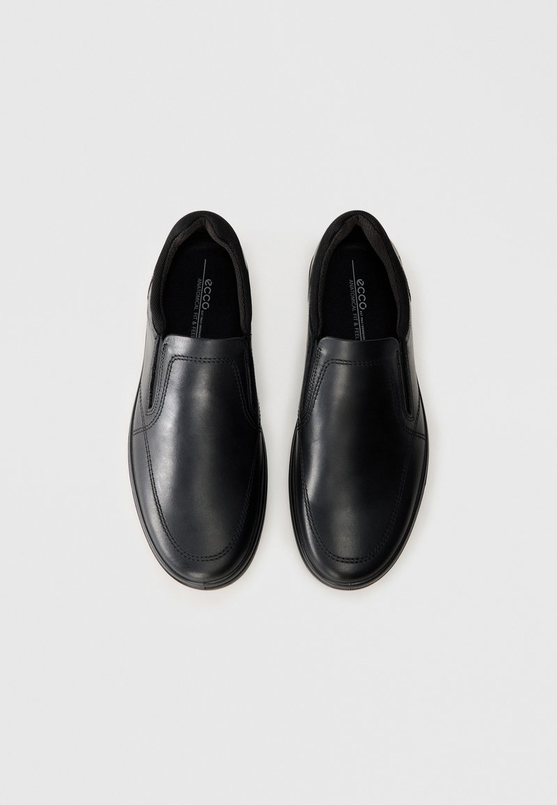 Svarta läderslipskor med en slät yta, rund tå, elastiska sidopaneler och en minimalistisk design för enkel användning.