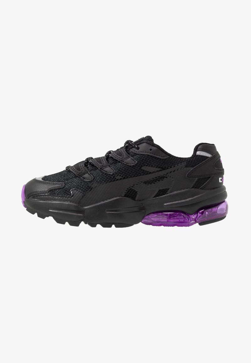 Black athletic shoe featuring a mesh upper, textured overlays, and a purple air cushioning unit. Rounded toe and textured rubber sole.