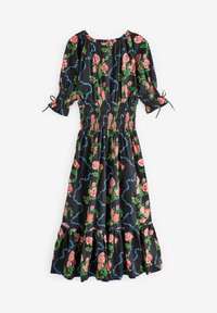 Rochie midi neagră cu imprimeu floral în nuanțe de trandafir și viță de vie albastră, cu decolteu strâns, talie cu elastic și tiv volanat. Mâneci scurte cu funda.