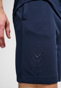 Marineblauwe sportshorts met een zachte textuur hebben een contrasterend chevronpatroon met een iriserende accenten op de linker dij.
