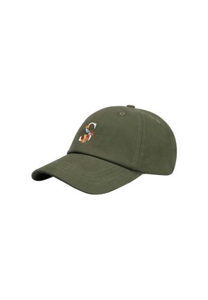 Gorra de béisbol verde oliva con visera curvada que presenta una letra "S" blanca bordada y un diseño floral naranja en la parte delantera.