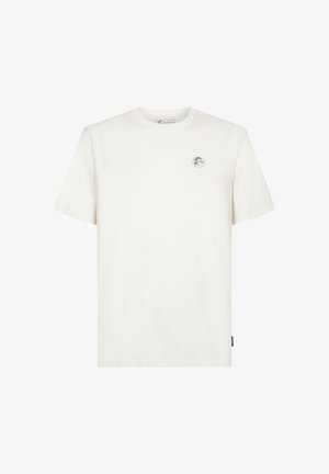 Hvid bomulds T-shirt med rund halsudskæring, korte ærmer og et lille rundt logo på brystet. Blød tekstur, enkelt design og uden mønstre.