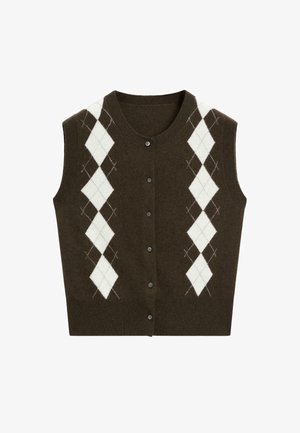 Dark brown sleeveless knit vest with white and gray argyle pattern and front button closure.