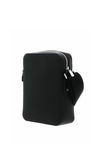 Black rectangular bag made of textured material. Features a silver zipper, ergonomic strap, and embossed logo detail on the side.