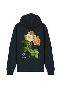 Felpa nera con un design grafico floreale che presenta rose pesche e crema e foglie verdi. Testo "Love & Roses" in bianco nella parte inferiore.