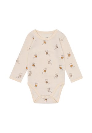 Cremfarbener Baby-Body mit langen Ärmeln, braunen und senfgelben Mausillustrationen, Druckknopfverschluss im Schritt und rundem Halsausschnitt.