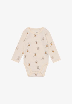 Body per neonati a maniche lunghe in morbido tessuto beige, caratterizzato da una stampa all-over di topini cartoon e rocchetti di filo. Chiusura a scatto sul fondo.