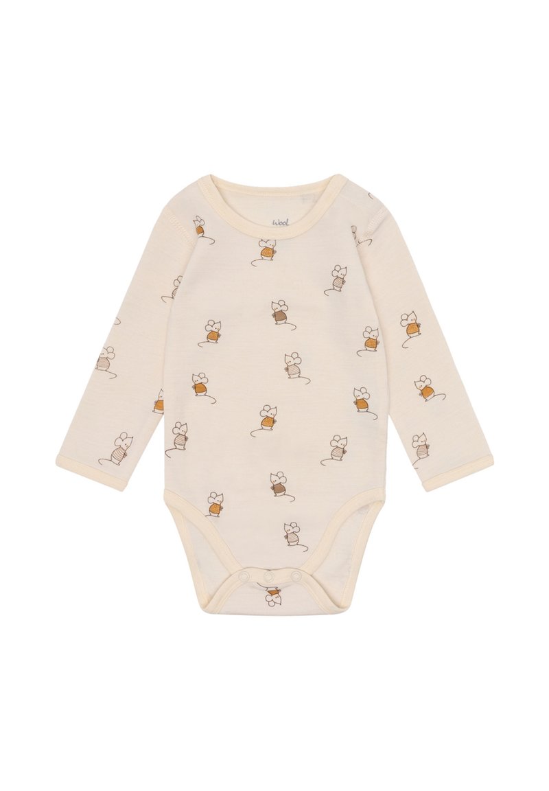 Langärmliger Baby-Body aus weichem beigem Stoff mit einem Allover-Druck von Cartoon-Mäusen und Spulen mit Faden. Druckknopfverschluss im unteren Bereich.