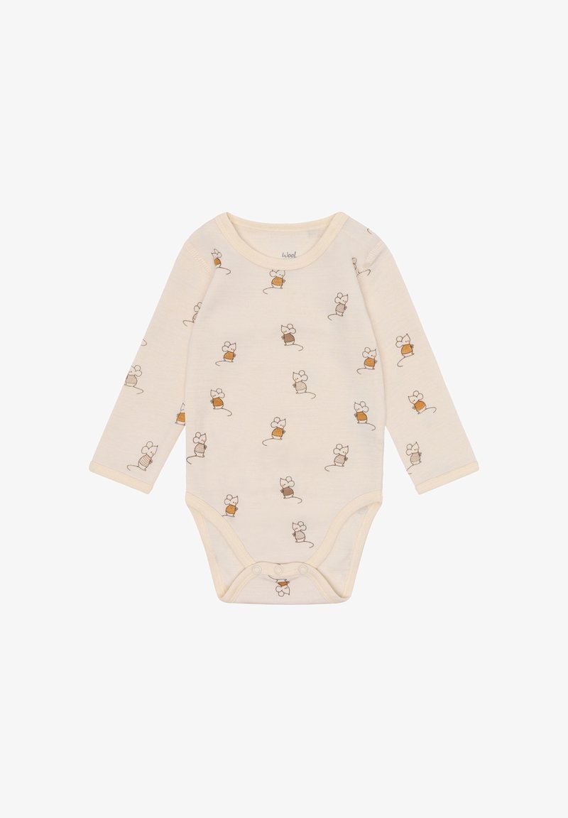 Langärmliger Baby-Body aus weichem beigem Stoff mit einem Allover-Druck von Cartoon-Mäusen und Spulen mit Faden. Druckknopfverschluss im unteren Bereich.