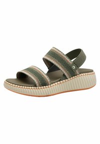 Green fabric sandals with two wide straps, textured surface, and a thick white platform sole, featuring orange accents and a ridged design.