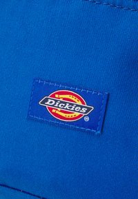 Blått tyg med en rektangulär etikett som har en flerfärgad cirkulär design och "Dickies"-logotypen i vit text.