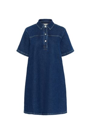 Abito di jeans di colore blu scuro, con colletto, maniche corte, pattina con bottoni e vestibilità rilassata. Texture liscia con cuciture a contrasto.