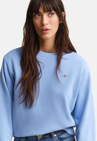 Γυναίκα με μακριά καστανά μαλλιά που φοράει ένα ανοιχτό μπλε φούτερ με ένα μικρό κεντημένο έμβλημα και μπλε τζιν πάνω σε απλό φόντο.