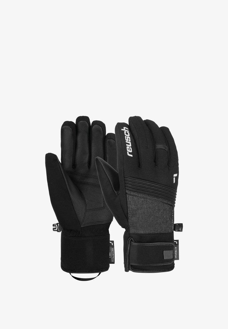 Schwarze Winterhandschuhe mit Lederhandfläche, Stoffrücken und Handgelenkband. Mit strukturierten Akzenten und Branding an der Seite. Wasserfestes Material.