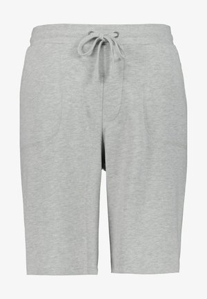 Graue Baumwoll-Shorts mit einem elastischen Bund zum Zuziehen, ausgestattet mit zwei Seitentaschen und einer weichen, glatten Textur. Einfaches Design ohne Muster.