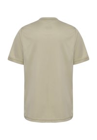 Ljusbeige kortärmad t-shirt med slät textur, rund halsringning och enkla sömmdetaljer. Bakifrån utan mönster eller dekorationer.