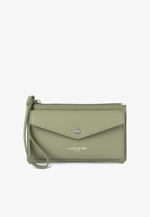 Green pebbled leather wallet with a front flap, silver snap closure, and detachable wrist strap. Features "LANCASTER PARIS" logo.