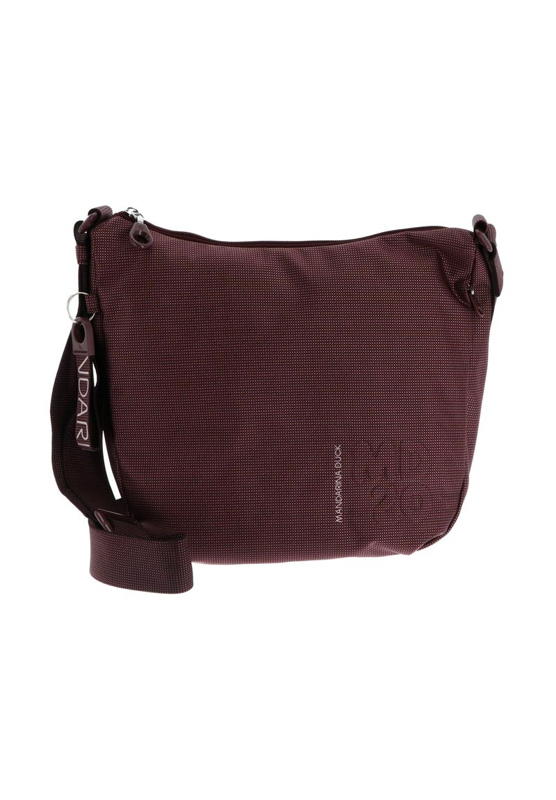 Sac bandoulière bordeaux foncé en tissu texturé, avec une sangle ajustable, fermeture zippée et marquage "Mandarina Duck" sur le devant.