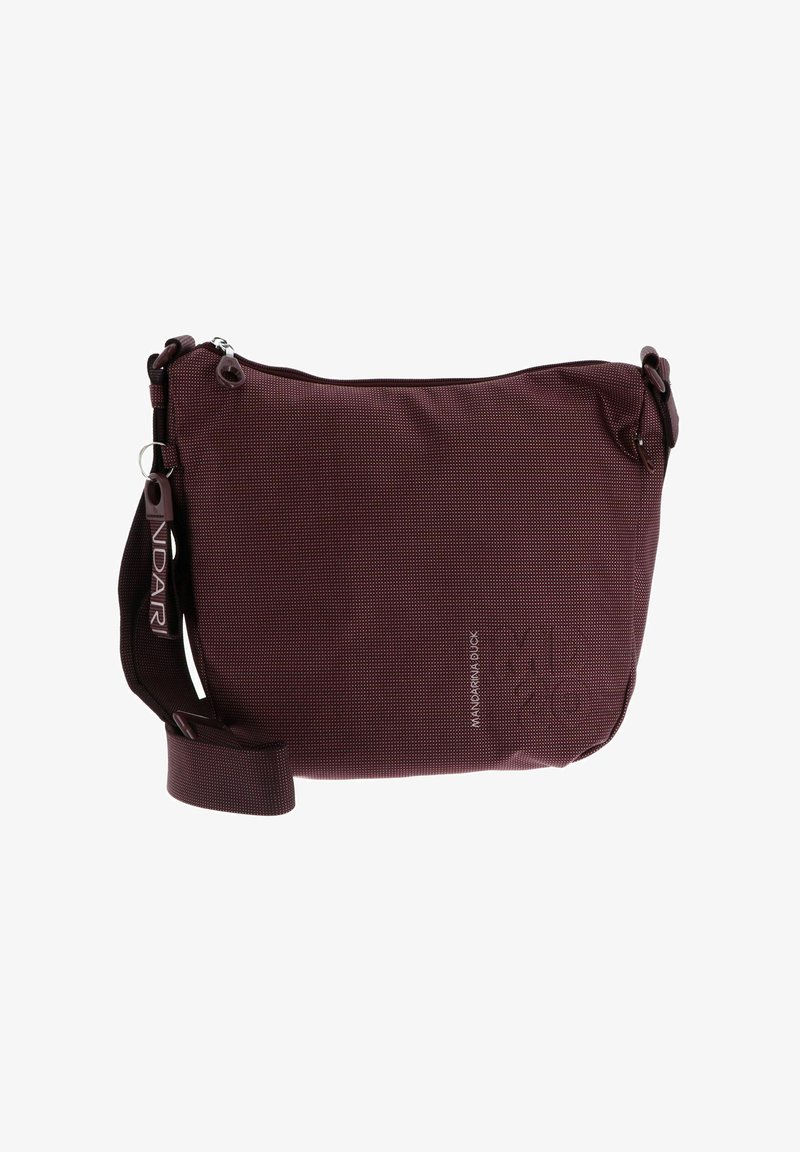 Sac bandoulière bordeaux foncé en tissu texturé, avec une sangle ajustable, fermeture zippée et marquage "Mandarina Duck" sur le devant.