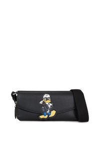 Schwarze Leder-Clutch mit einem Cartoon-Entwurf. Sie verfügt über einen Reißverschluss und einen zusätzlichen Tragegurt. Glatte Textur, kompakte Form.