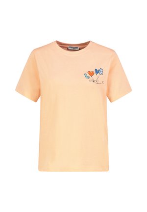 Pfirsichfarbenes T-Shirt mit kurzen Ärmeln und einer kleinen Bruststickerei mit drei Luftballons, die "LOVE" in Blau, Orange und gepunkteten Mustern buchstabieren.