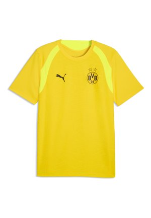Camiseta deportiva amarilla de manga corta con logo negro de Puma en el pecho derecho y escudo del club BVB 09 Borussia Dortmund en el pecho izquierdo.