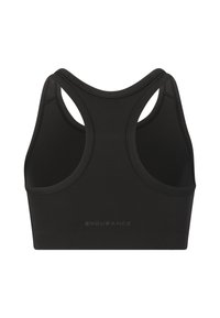 Musta urheil Bras, jossa on kilpa-selkämuotoilu, valmistettu joustavasta kankaasta. Tekee sileä rakenne ja "ENDURANCE" logo painettuna alaosaan.